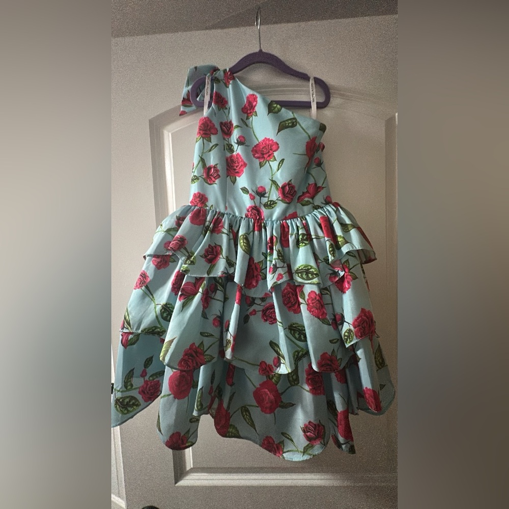 Rachel Allan Floral Ruffle Dress in Blue